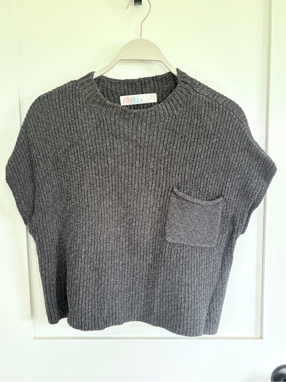 Free People Ribbed Short-Sleeve Crew Sweater in Gray with Pocket
